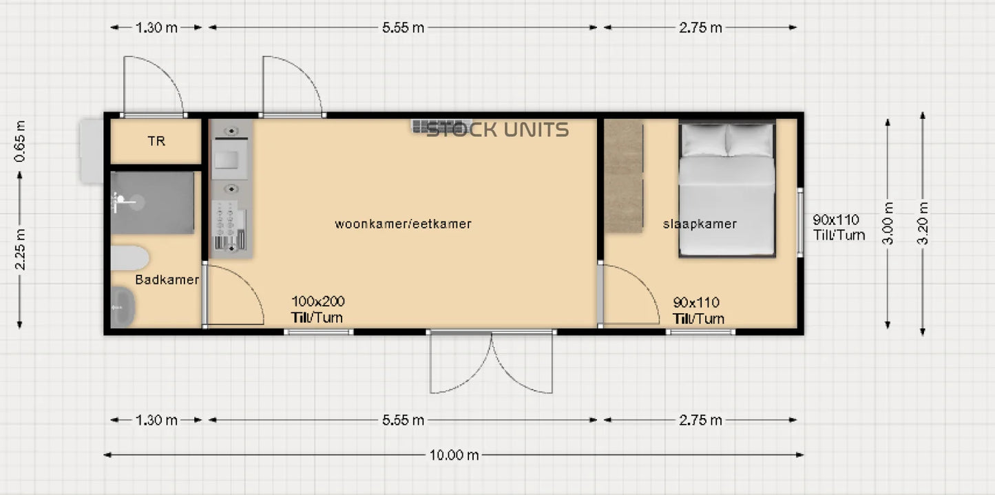 Containerwoning 32m2 10x3,2m RO - 1 Slaapkamer