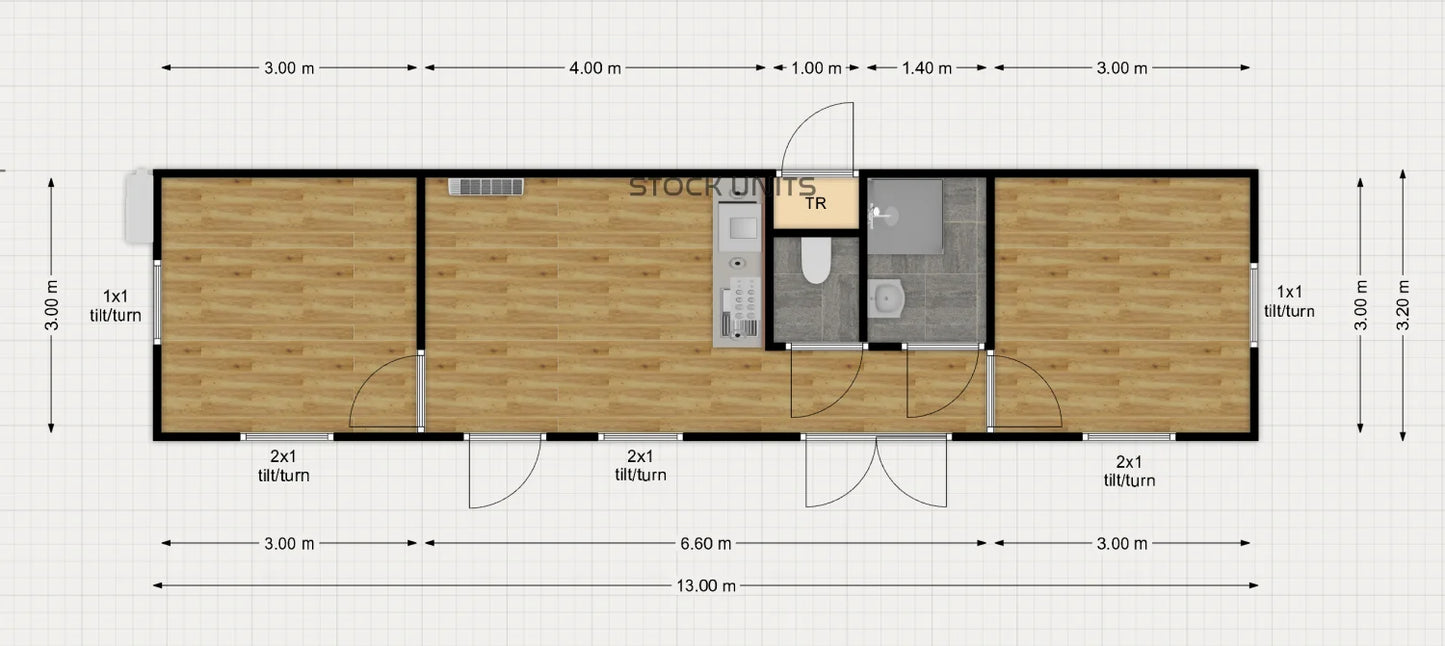 Gastenverblijf 13x3,2m 42m2 RO - 2 Slaapkamers - Direct Leverbaar