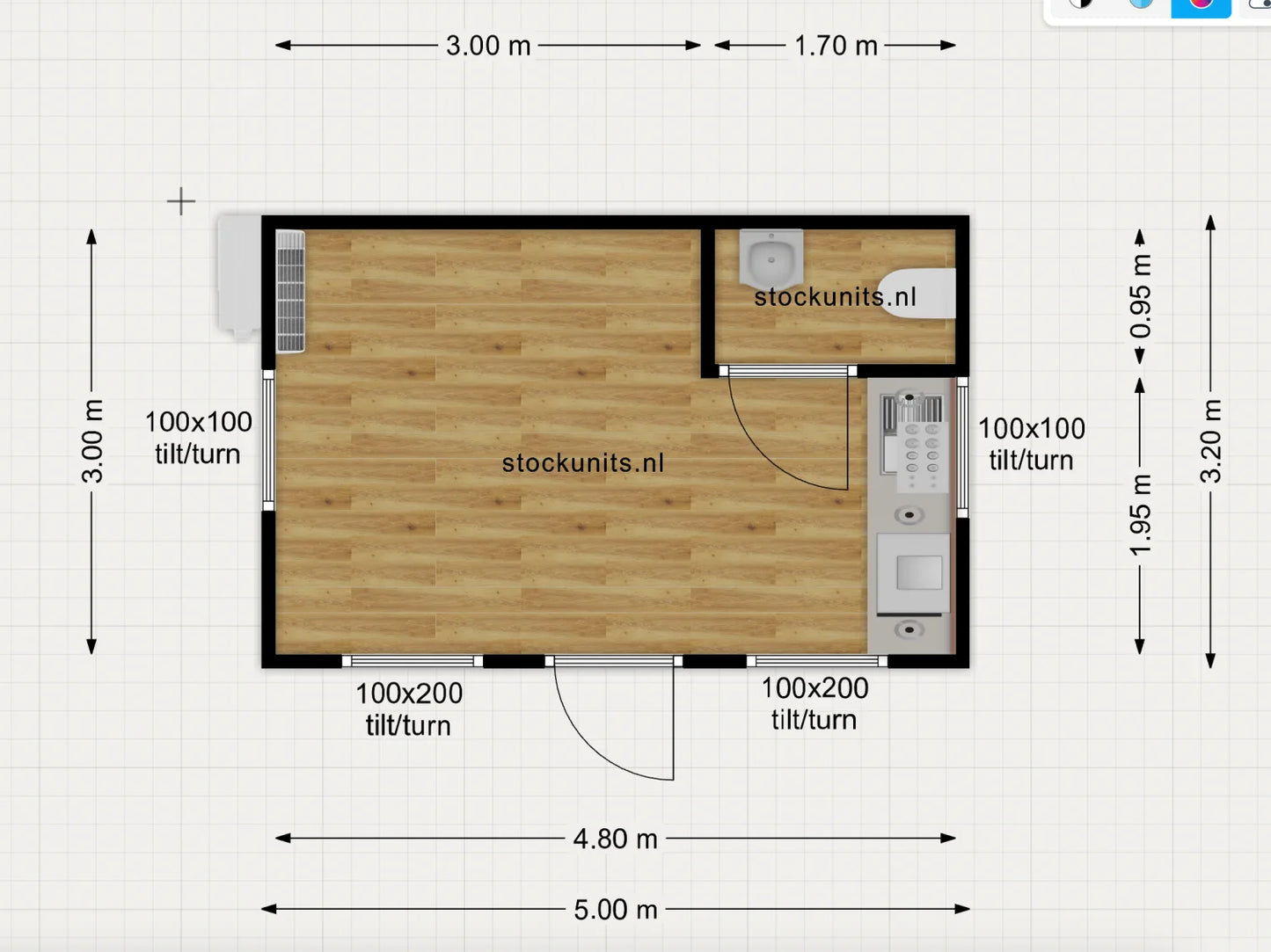 Kantoorunit 5x3,2m RO - Met Toilet en Keukenblokje