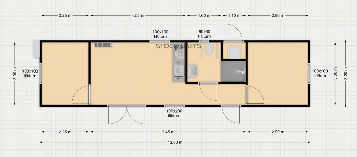 Mantelzorgwoning 13x3,2m RO - 2 Slaapkamers