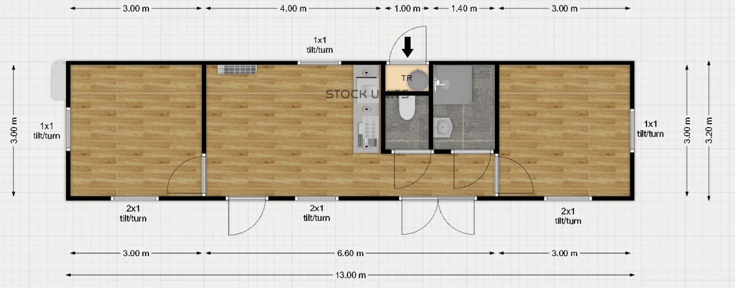 Tweedehands Tiny House 13x3,2m 42m2 RO - 2 Slaapkamers - Direct Leverbaar