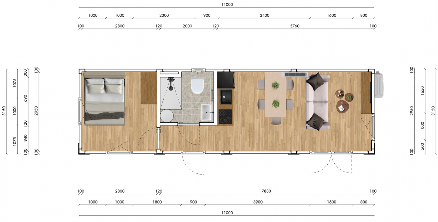 Woonunit 35m² (11x3,2m) - 1 slaapkamer - RO