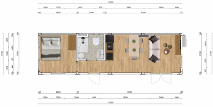 Woonunit 35m² (11x3,2m) - 1 slaapkamer - RO