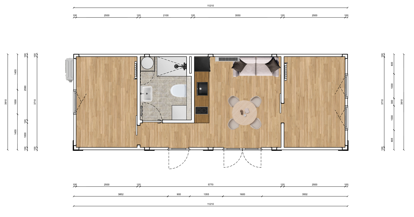 Woonunit 44m² (11,2x3,91m) - 2 slaapkamers - RO