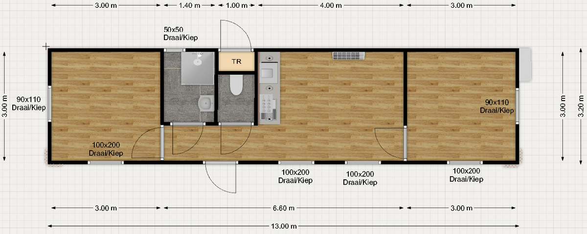 Woonunit 42m² (13x3,2m) - 2 slaapkamers - PL