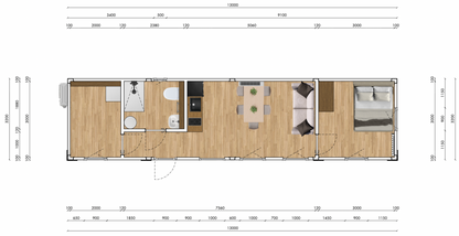 Mantelzorgunit 42m² (13x3,2m) - 2 slaapkamers - witte sandwichpanelen - RO