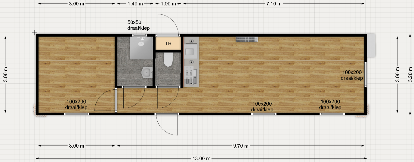 Woonunit 42m² (13x3,2m) - 1 slaapkamer - PL