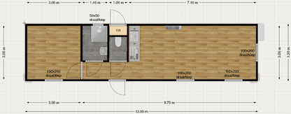Woonunit 42m² (13x3,2m) - 1 slaapkamer - PL