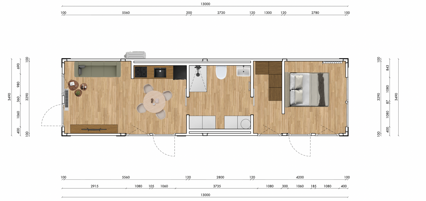 Woonunit 45,5m² (13x3,5m) - 1 slaapkamer - RO