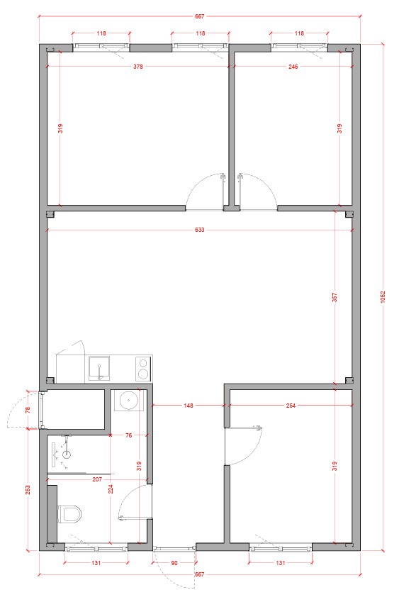Geschakelde woonunit - 6,7x10,5m (70m²) - 3 slaapkamers