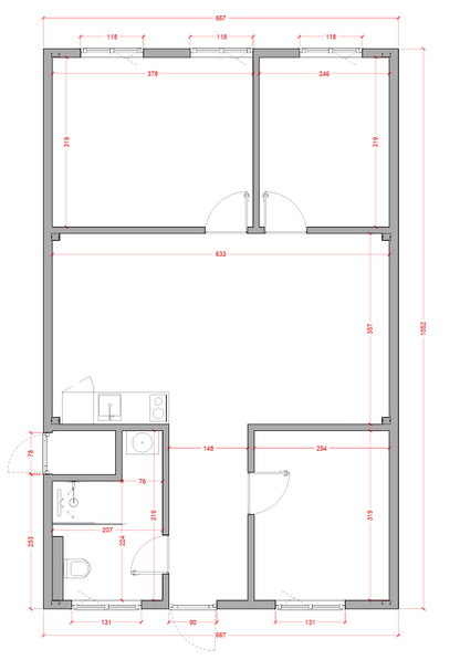 Geschakelde woonunit - 6,7x10,5m (70m²) - 3 slaapkamers