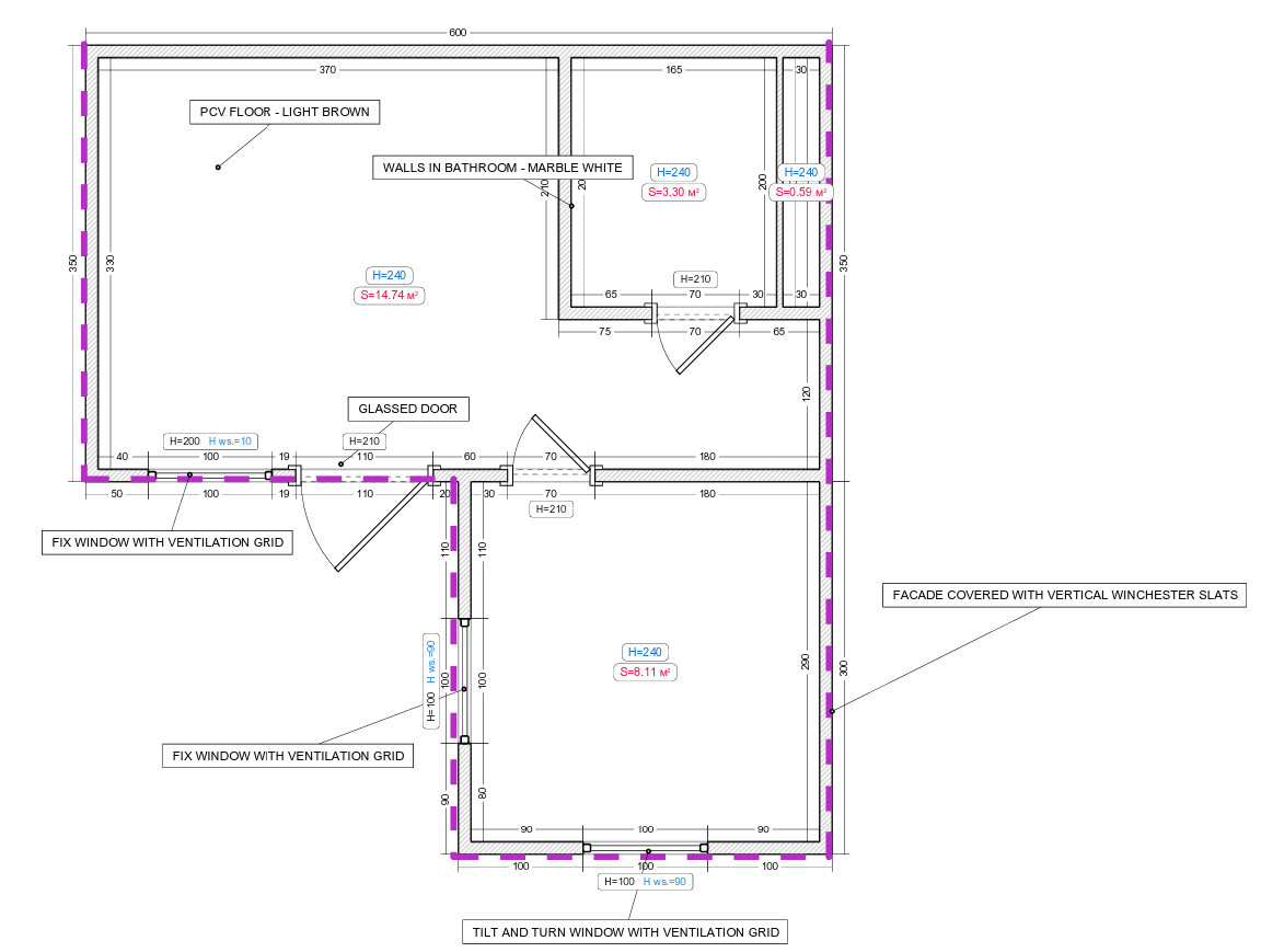 Woonunit L-vorm 33m² (6x3,5 + 3x3,2m) - 1 slaapkamer - PL