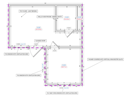 Woonunit L-vorm 33m² (6x3,5 + 3x3,2m) - 1 slaapkamer - PL