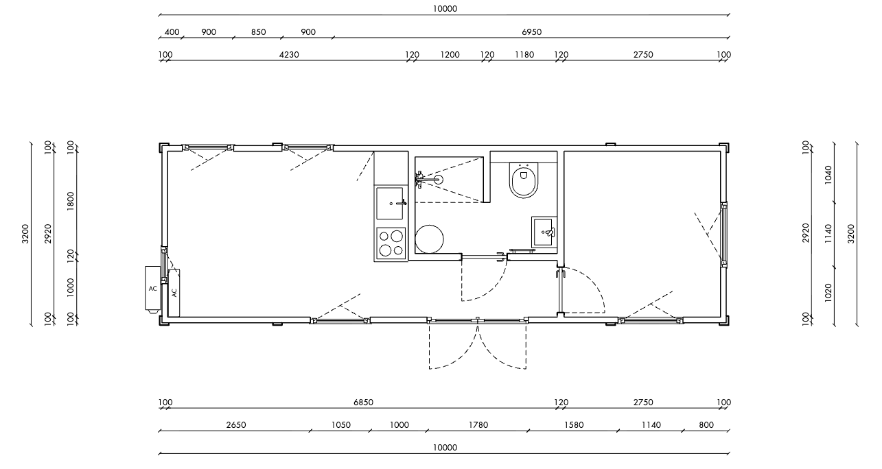 Mantelzorgunit 32m² (10x3,2m) - 1 slaapkamer - echt hout - RO+