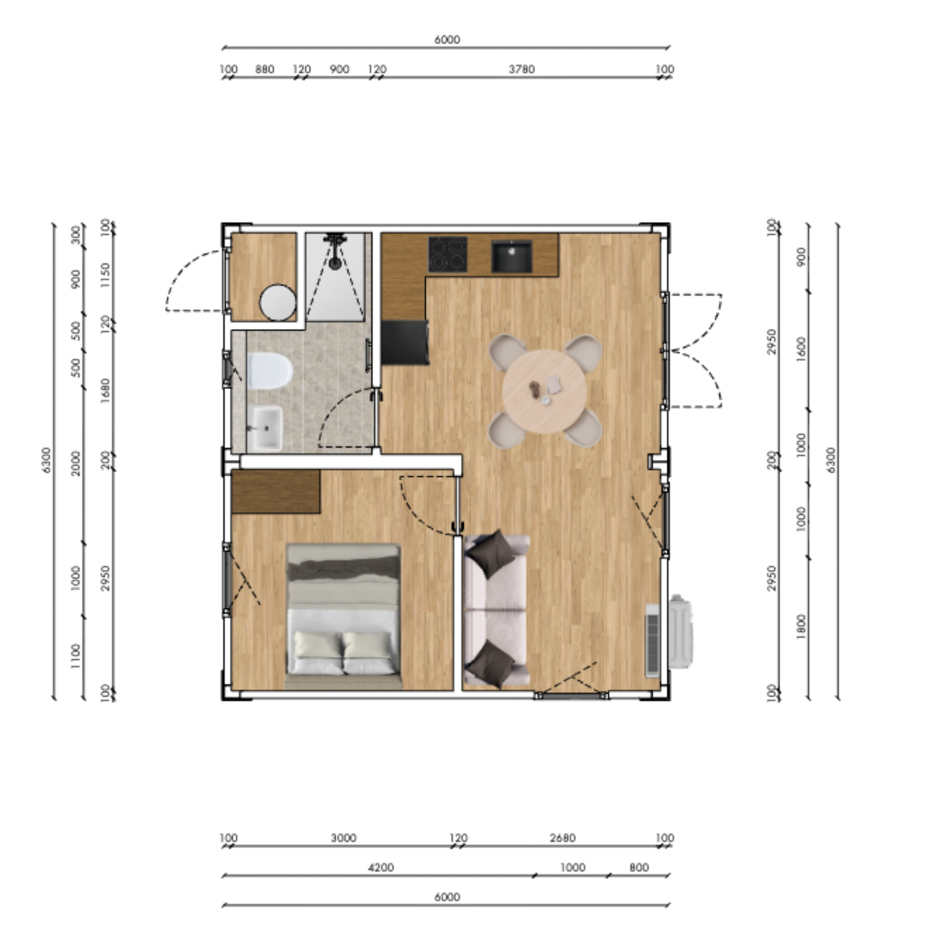 Woonunit 6x6,4m RO (geschakeld) - 1 slaapkamer - Direct leverbaar