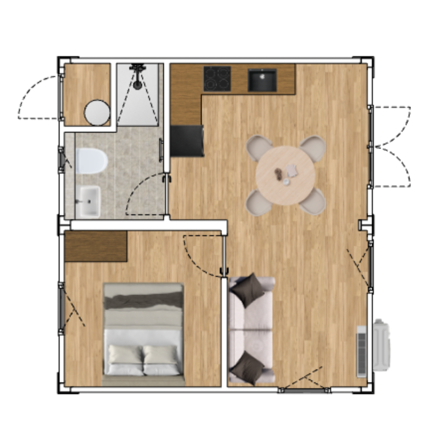Woonunit 38m² – 6x6,4m geschakeld – 1 slaapkamer - RO