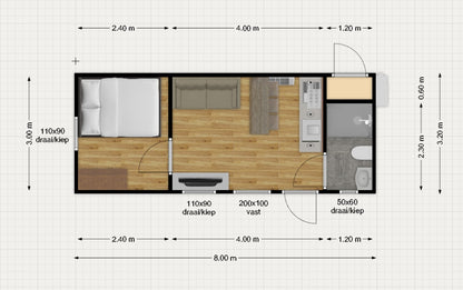 Tweedehands woonunit 26m² (8x3,2m) - 1 slaapkamer (links) - RO