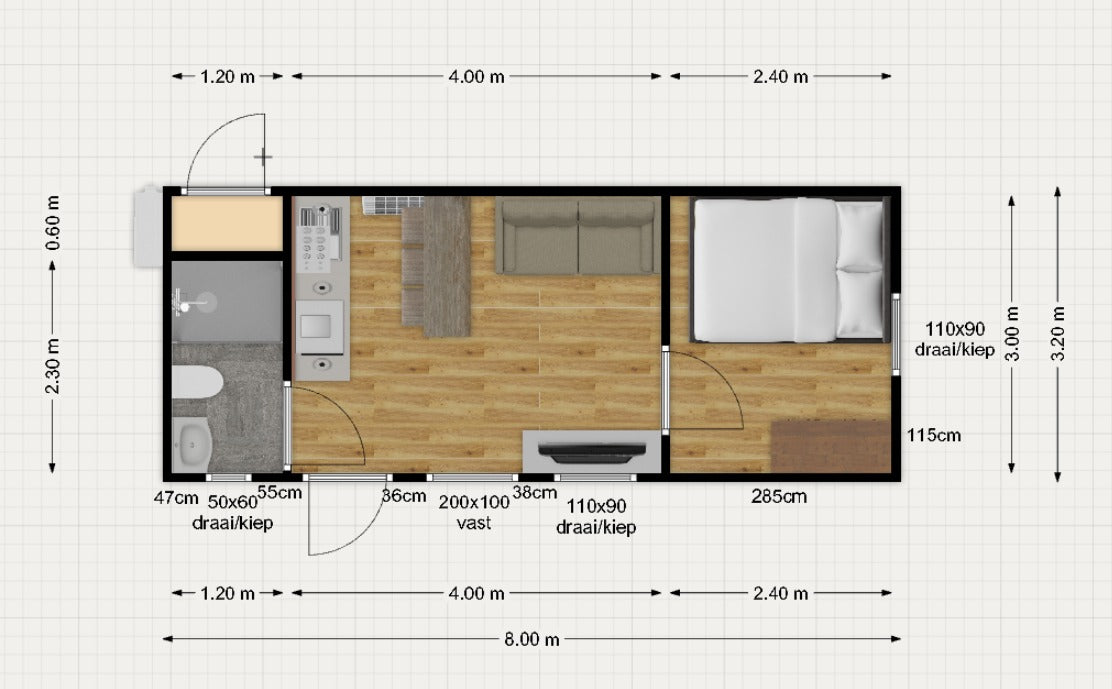 Tweedehands woonunit 26m² (8x3,2m) - 1 slaapkamer (rechts) - RO
