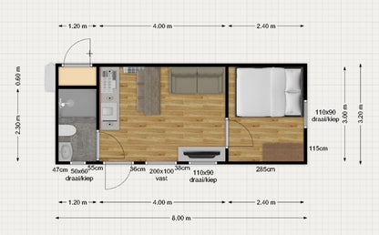 Tweedehands woonunit 26m² (8x3,2m) - 1 slaapkamer (rechts) - RO