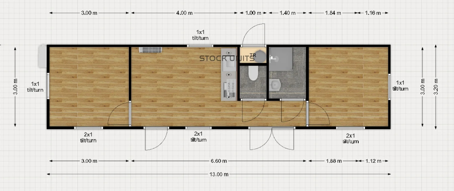 Containerwoning 13x3,2m 42m2 RO - 2 Slaapkamers