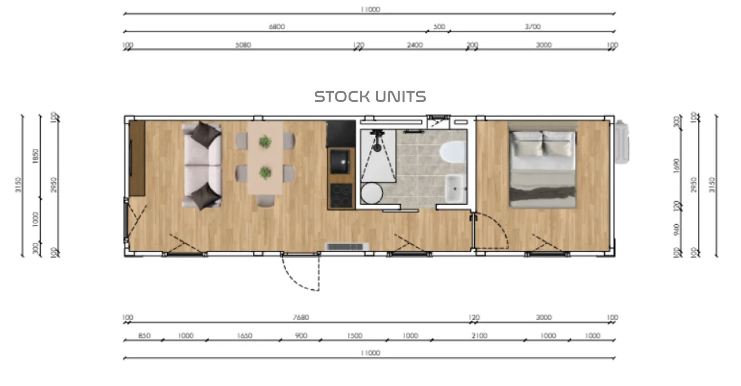 Containerwoning RO 11x3,2m - 1 slaapkamer - Direct leverbaar