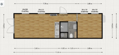 Gastenverblijf 11x3,2m RO - 1 slaapkamer