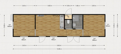 Gastenverblijf 13x3,2m 42m2 RO - 2 Slaapkamers - Direct Leverbaar