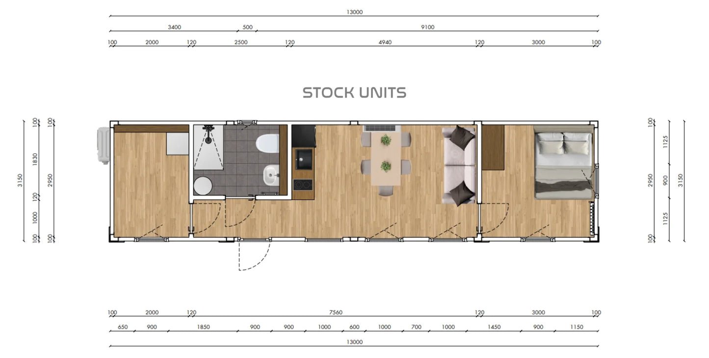Gastenverblijf 13x3,2m RO - 2 Slaapkamers - Direct leverbaar