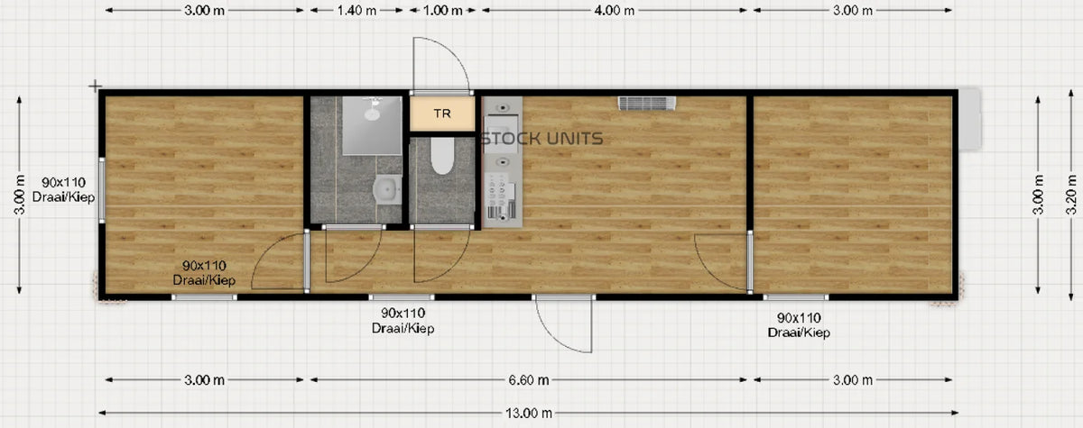 Gebruikte demo woonunit 42m² (13x3,2m) - 2 slaapkamers - RO