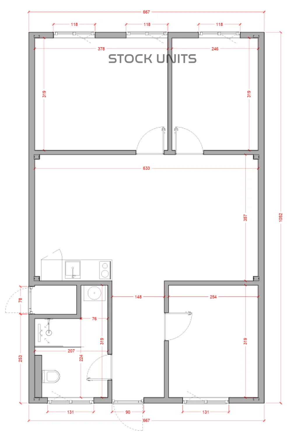 Geschakelde woonunit - 6,7x10,5m (70m²) - 3 slaapkamers