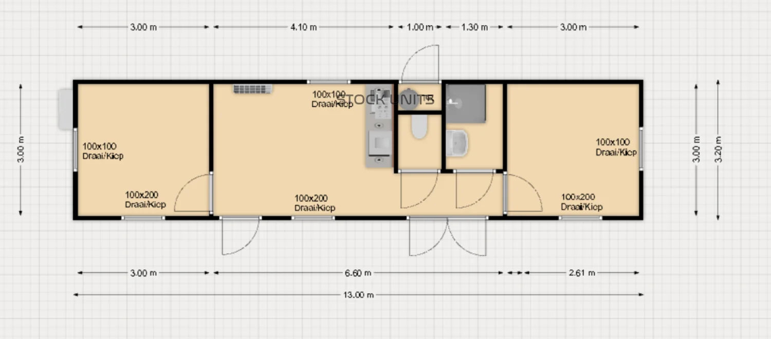 Tweedehands Kantoorunit 13x3,2m 42m2 RO - 2 Slaapkamers - Direct Leverbaar
