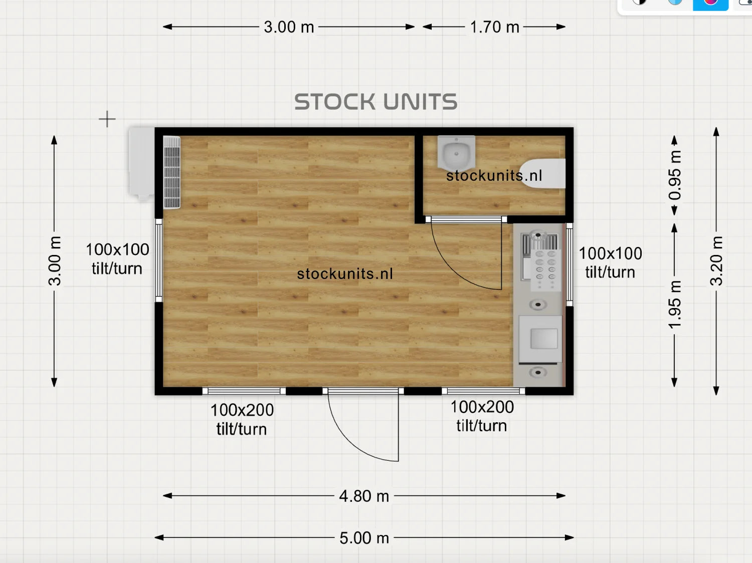 Kantoorunit 5x3,2m RO - Met Toilet en Keukenblokje