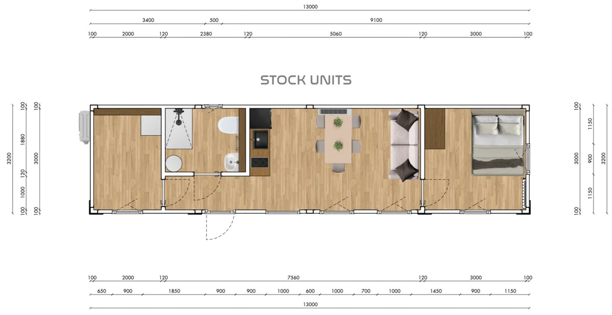 Mantelzorgunit 42m² (13x3,2m) - 2 slaapkamers - witte sandwichpanelen - RO