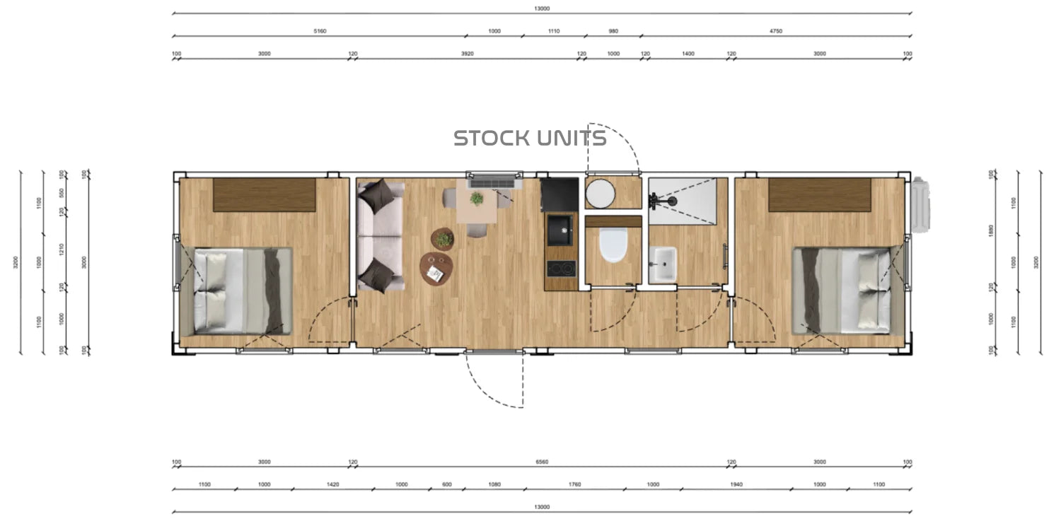 Woonunit 13x3,2m RO - 2 slaapkamers - Direct leverbaar
