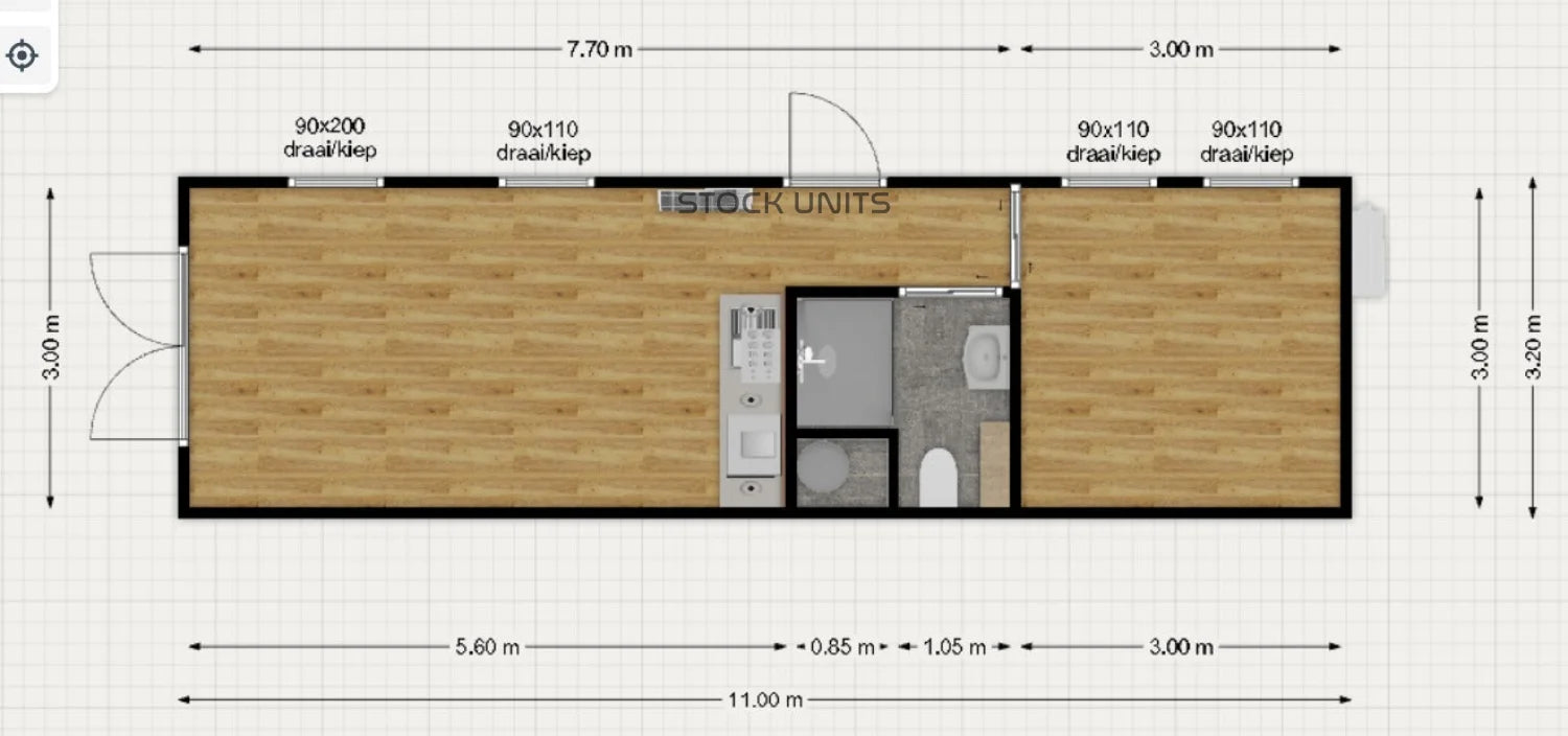 Woonunit 11x3,2m RO - 1 slaapkamer