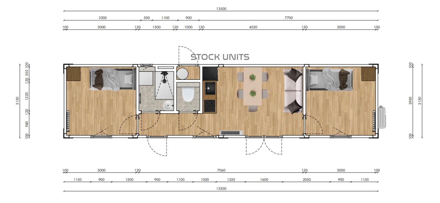 SNF Woonunit 13,5x3,2m RO - 2 Slaapkamers