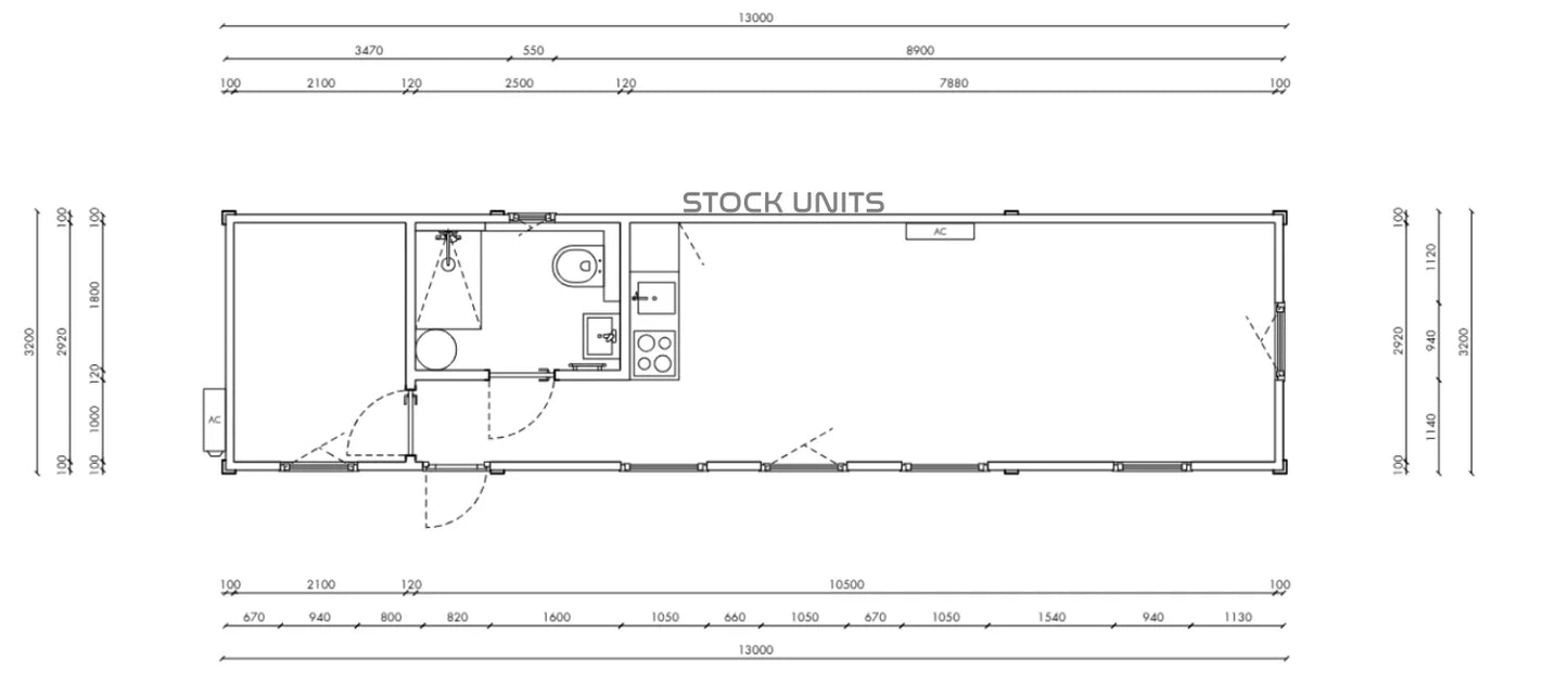 Woonunit 13x3,2m RO 42m2 - 1 slaapkamer - Direct leverbaar