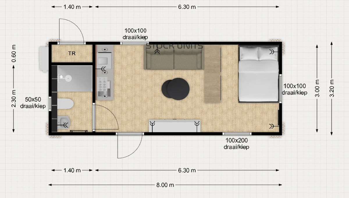 Woonunit 26m² (8x3,2m) - studio - PL