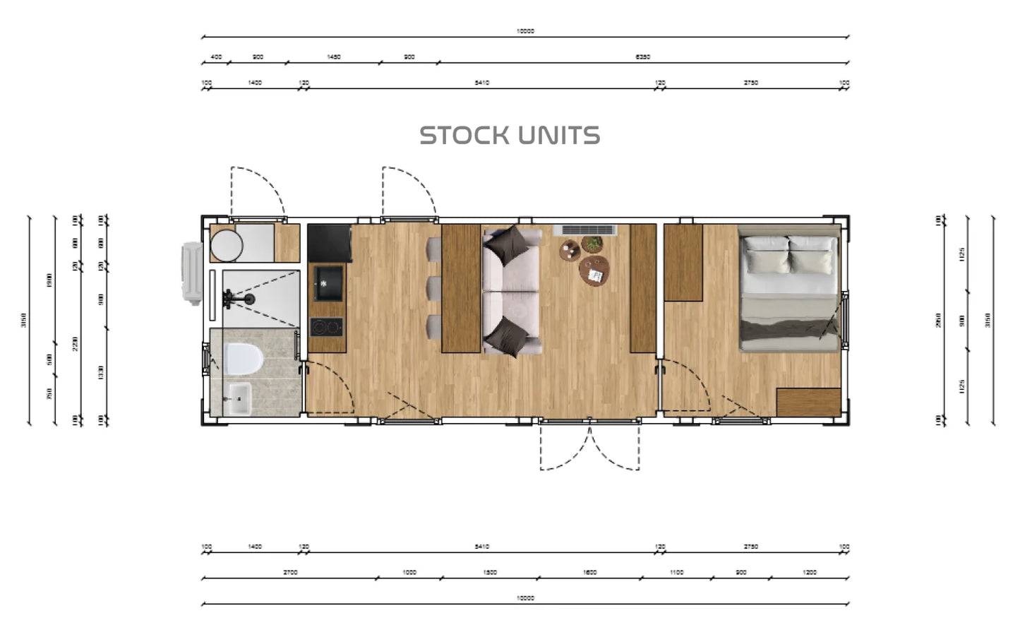 Woonunit 10x3,2m RO - 1 slaapkamer - Direct leverbaar