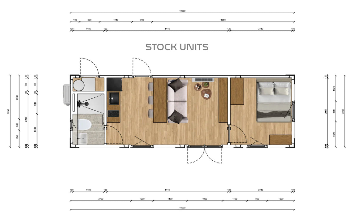Woonunit 10x3,2m RO - 1 slaapkamer - Direct leverbaar