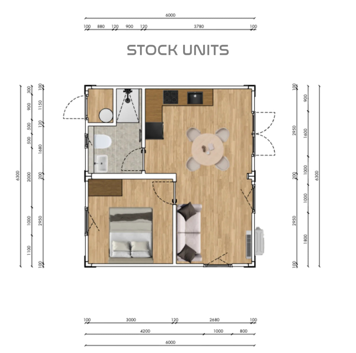 Woonunit 38m² – 6x6,4m geschakeld – 1 slaapkamer - RO