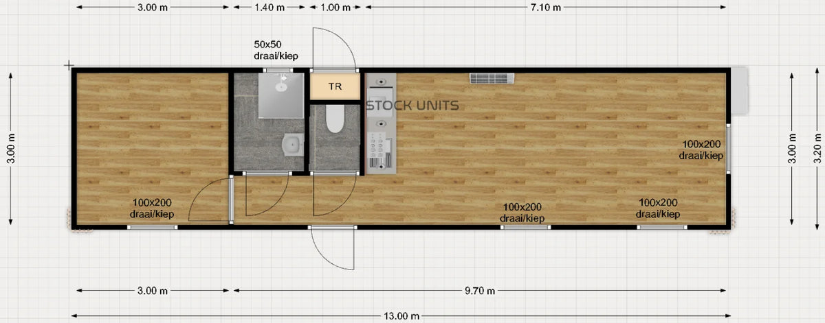 Woonunit 42m² (13x3,2m) - 1 slaapkamer - PL