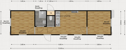 Woonunit 42m² (13x3,2m) - 2 slaapkamers - PL