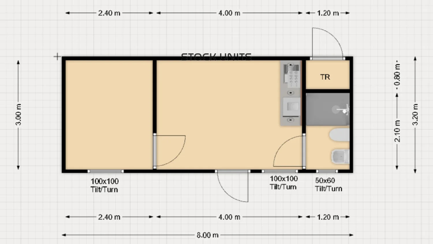 Noodwoning 8x3,2m - 1 slaapkamer - Direct leverbaar